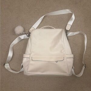 White Faux Leather Backpack with Pom Pom